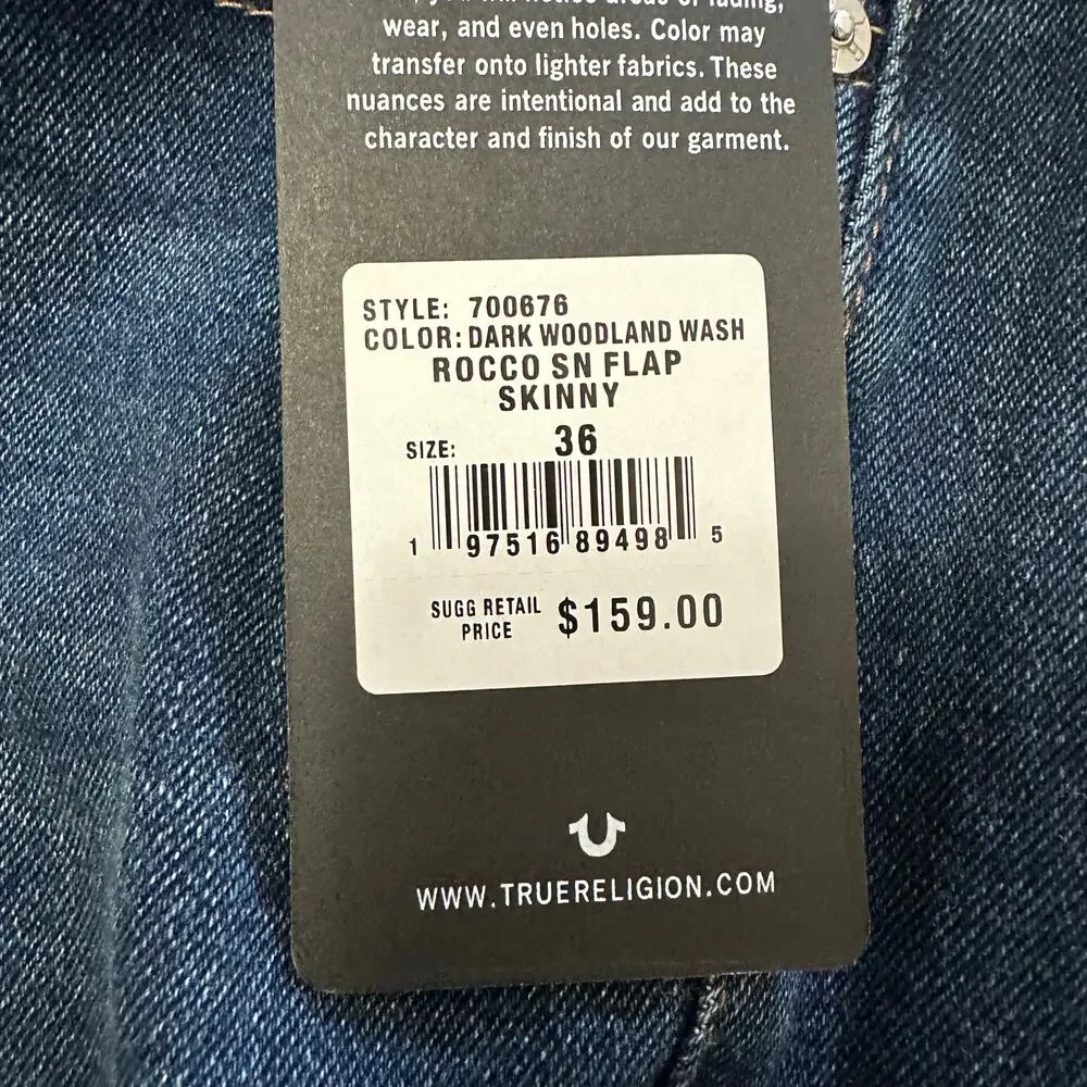 True Religion Rocco Flap Pocket Skinny Jeans Dark Wash Denim 36x32 NWT